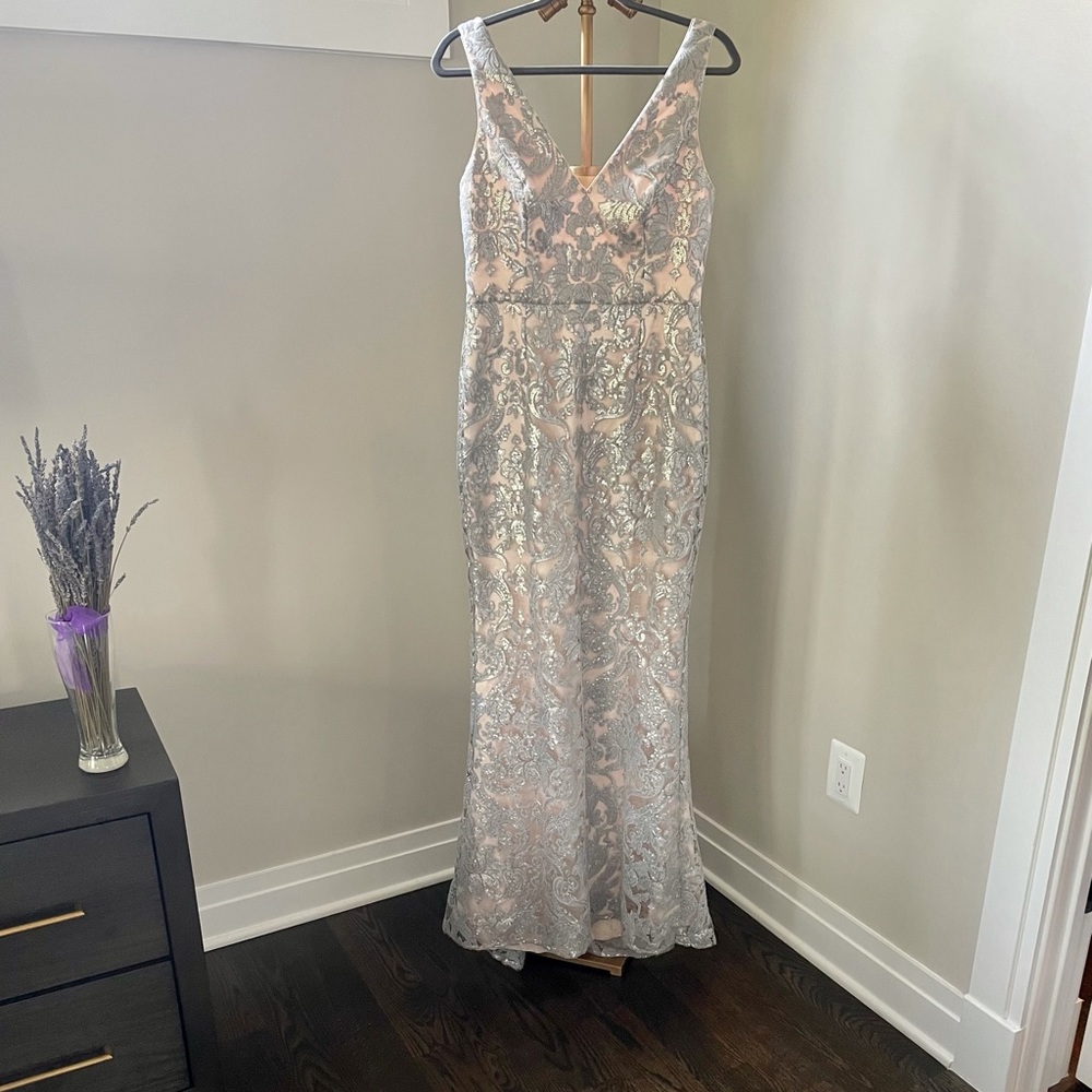 💕Gorgeous Eliza J Sequin Blue / Grey and Blush Evening Gown Dress 💕